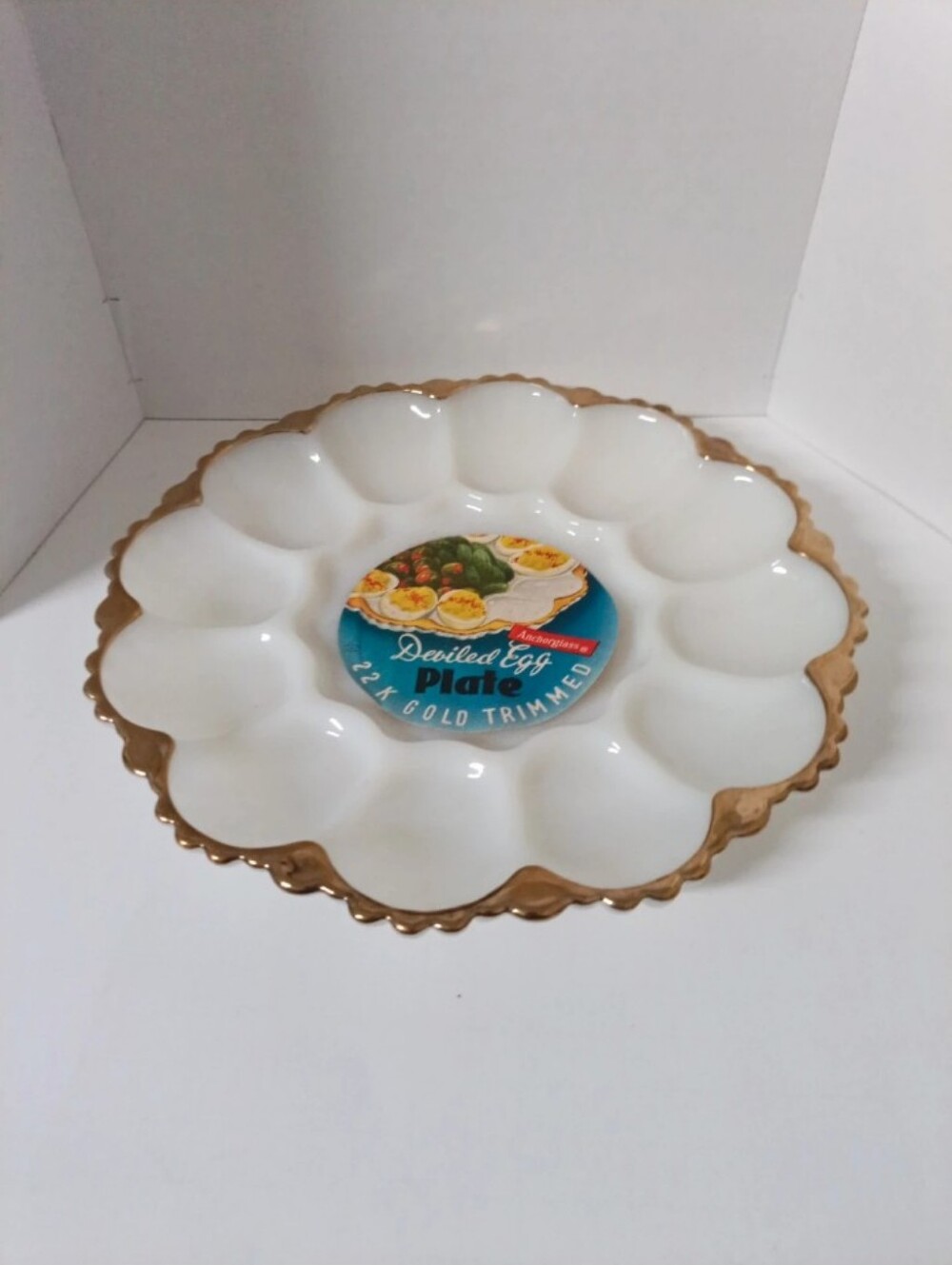 Anchor Hocking White Deviled Egg Platter with Gold Trim